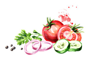 a group of freshly sliced vegetables, herbs, onions and cucumbers.